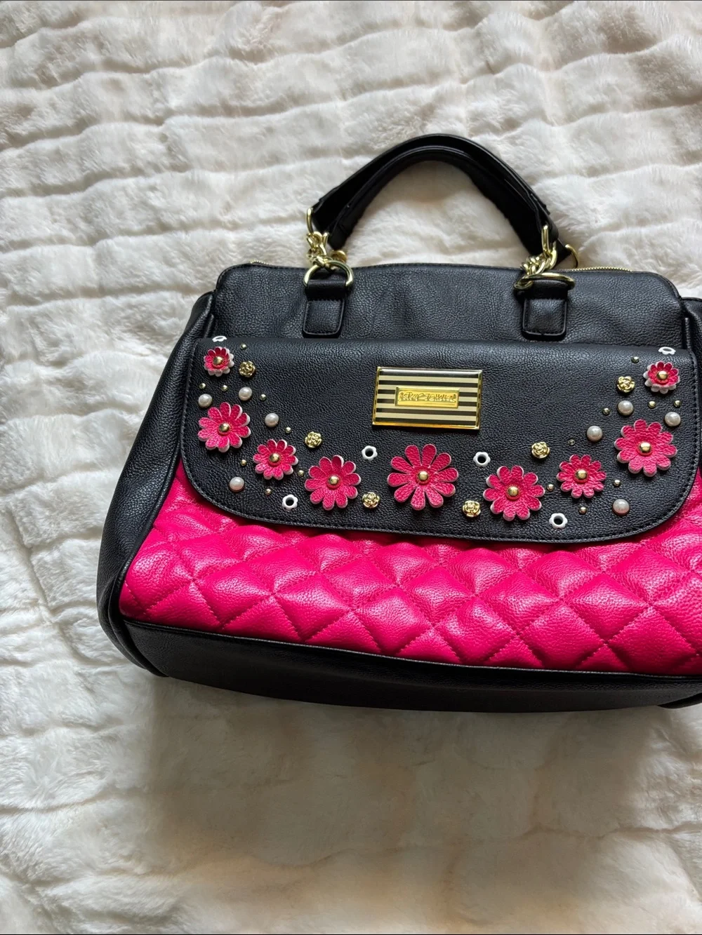 Betsey Johnson Black & Hot Pink Floral Appliqué Satchel
